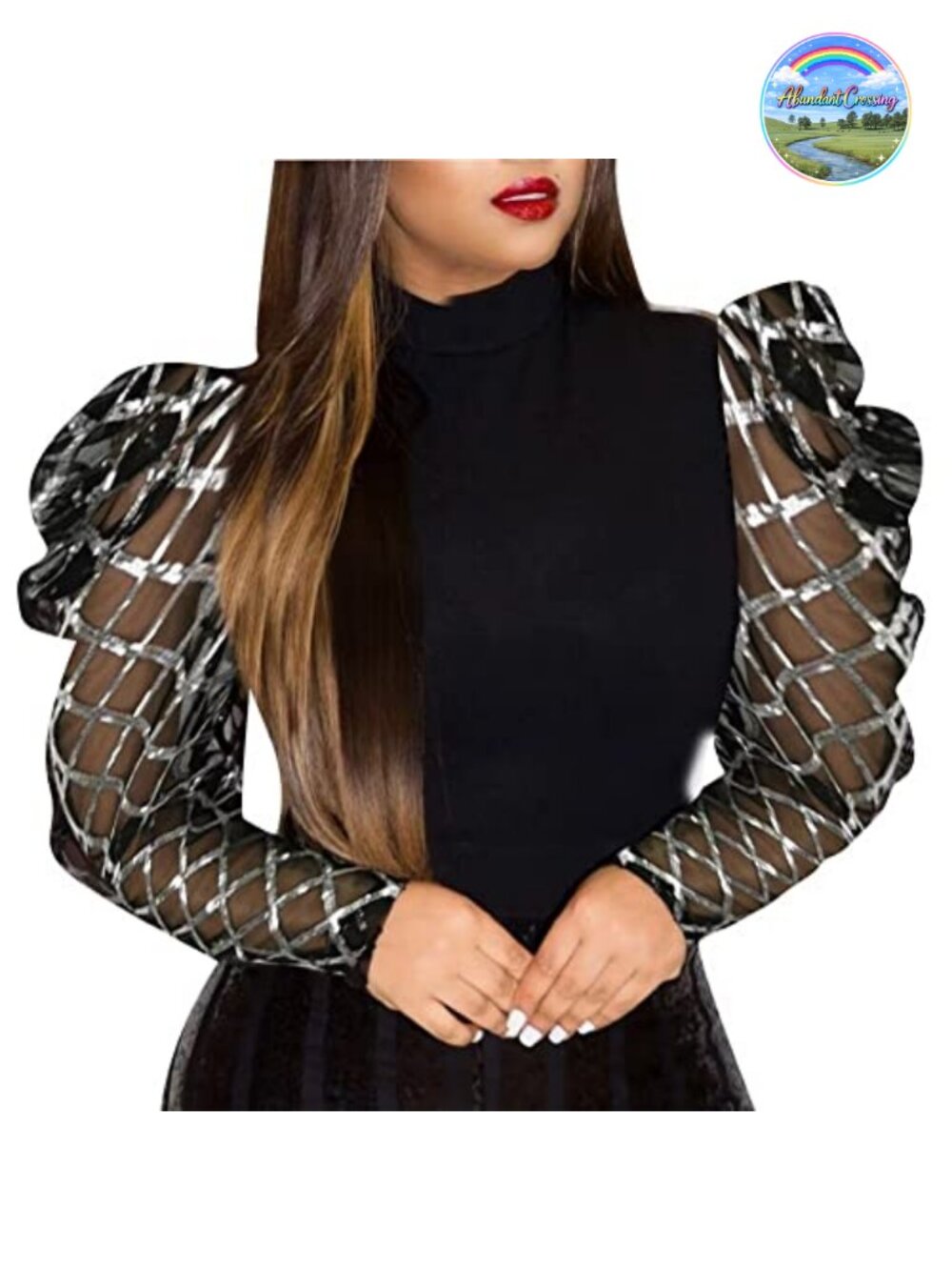 Sequin Mesh Puff Sleeve Mock Neck Party Blouse Top